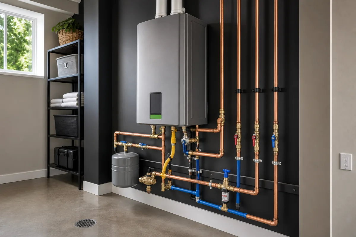 Clean modern tankless water heater and plumbing installation